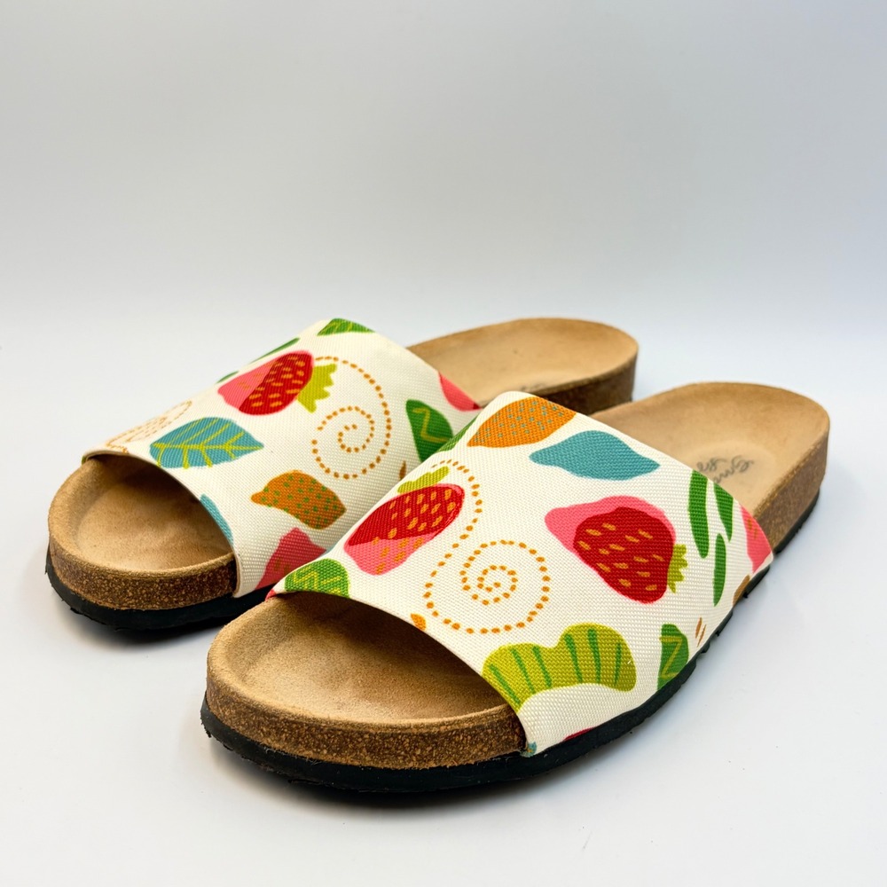 Gudrun Sjoden Strawberry Print Cork Slide Sandals Portugal EU38 US7.5 Cottage